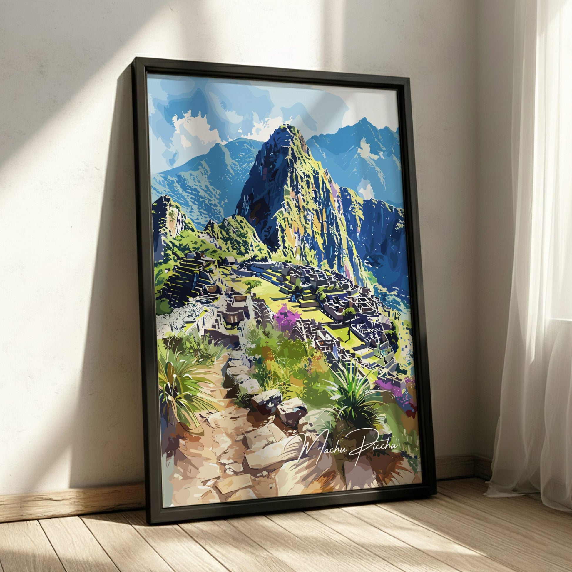 Machu Picchu travel poster black frame