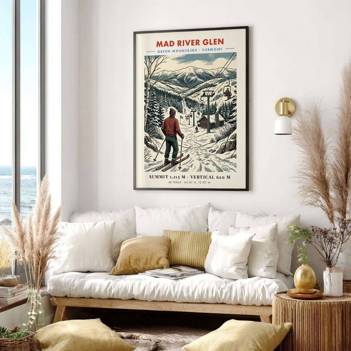 Poster of Mad River Glen in Vermont featuring a skier overlooking snow-covered mountains.