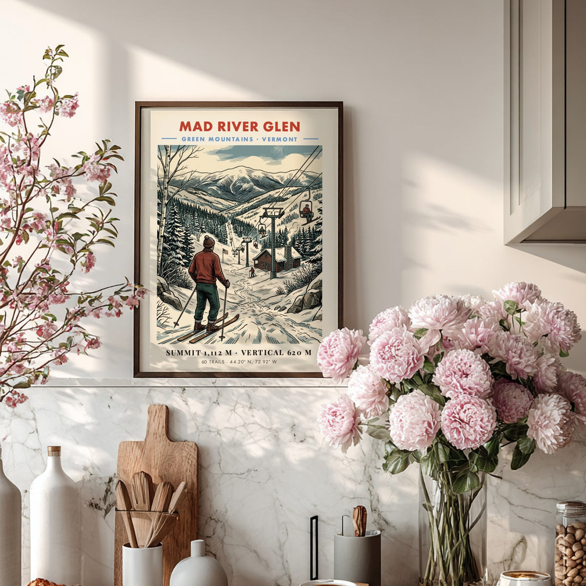 Poster of Mad River Glen in Vermont featuring a skier overlooking snow-covered mountains.