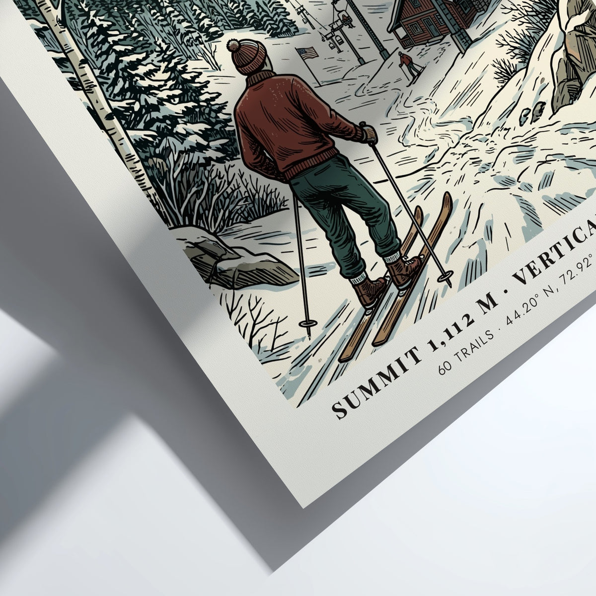 Poster of Mad River Glen in Vermont featuring a skier overlooking snow-covered mountains.