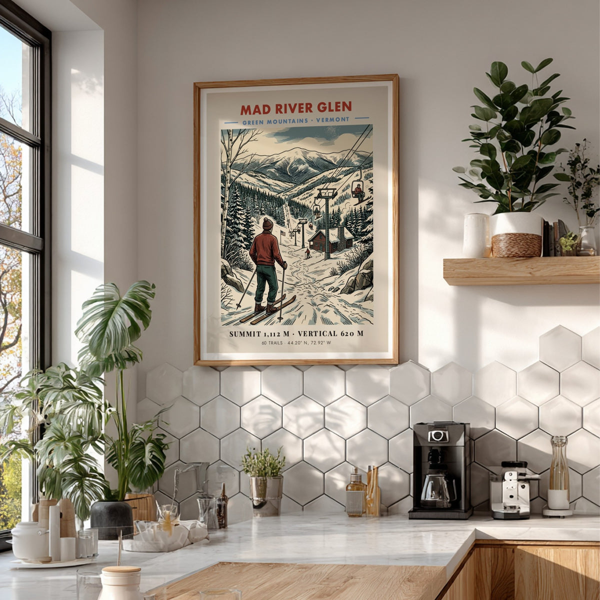 Poster of Mad River Glen in Vermont featuring a skier overlooking snow-covered mountains.