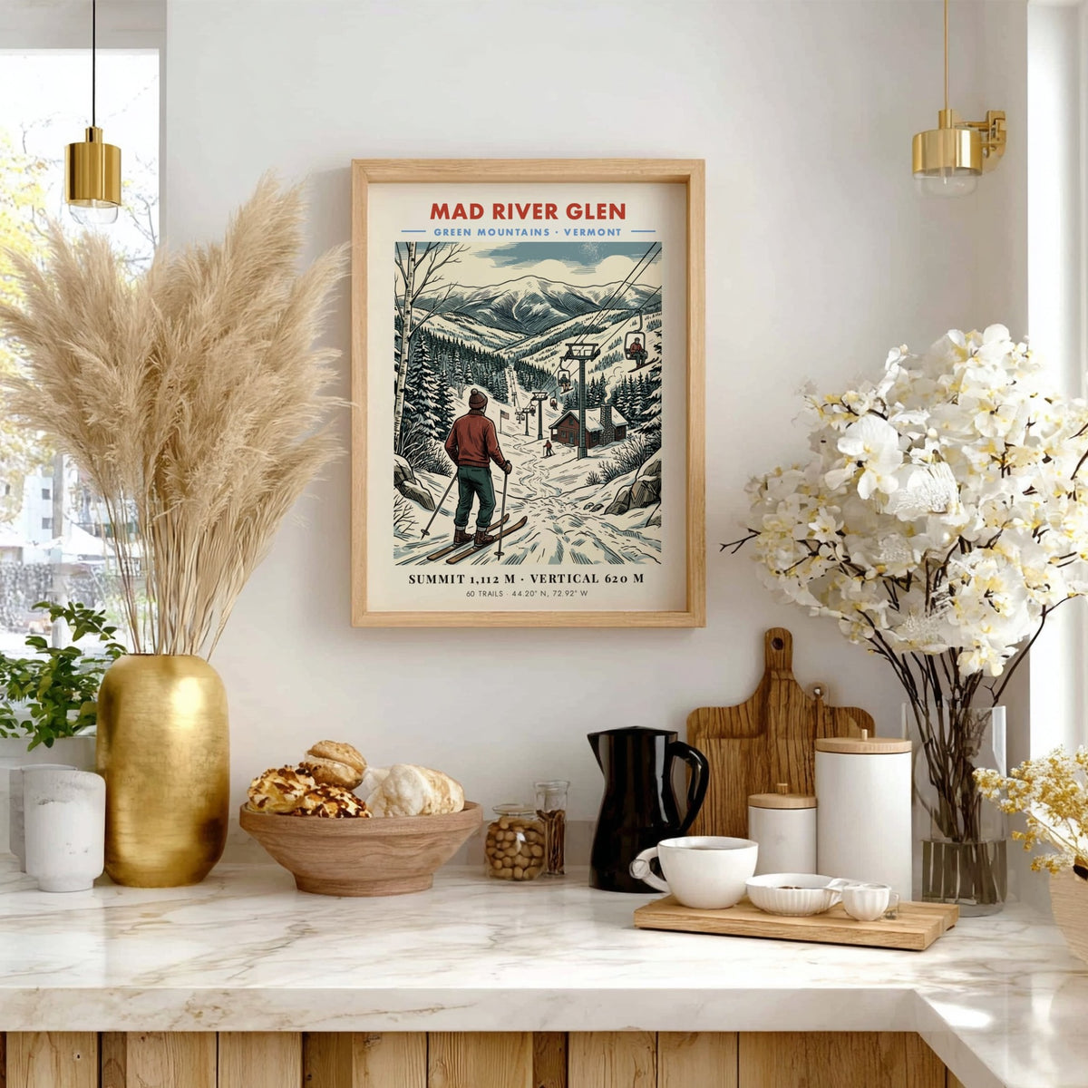 Poster of Mad River Glen in Vermont featuring a skier overlooking snow-covered mountains.