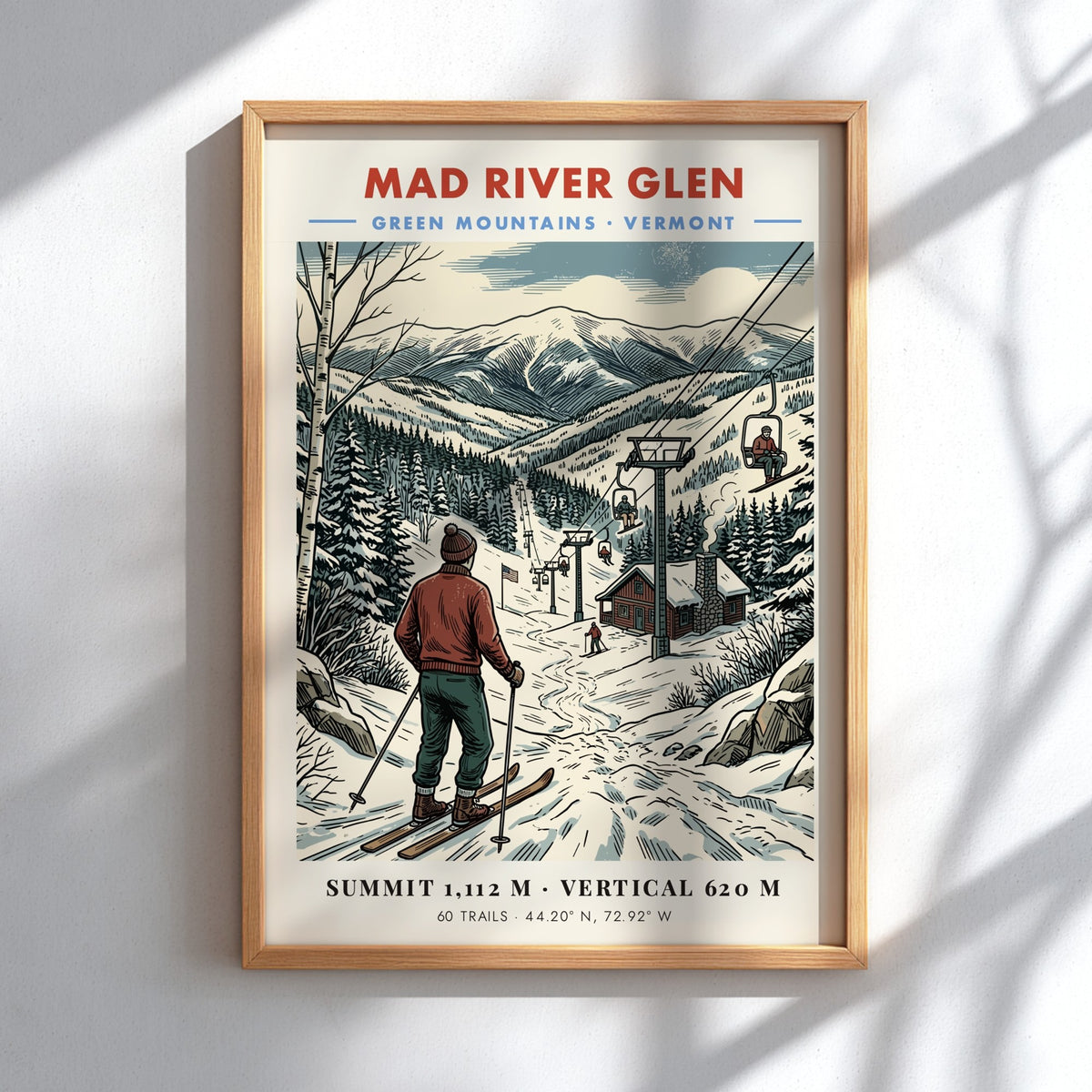 Poster of Mad River Glen in Vermont featuring a skier overlooking snow-covered mountains.