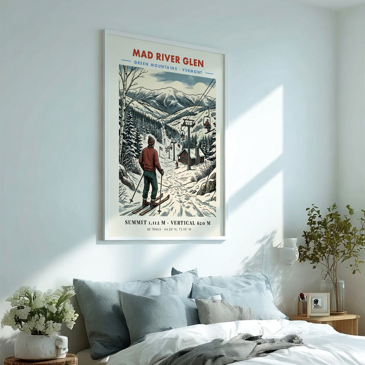 Poster of Mad River Glen in Vermont featuring a skier overlooking snow-covered mountains.