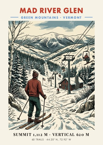 Poster of Mad River Glen in Vermont featuring a skier overlooking snow-covered mountains.
