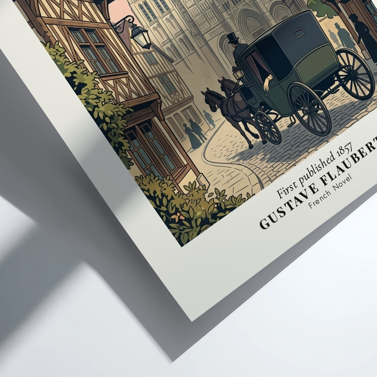 Madame Bovary literary poster featuring a horse-drawn carriage on a cobbled street by cathedral.