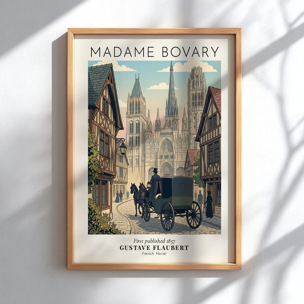 Madame Bovary literary poster featuring a horse-drawn carriage on a cobbled street by cathedral.