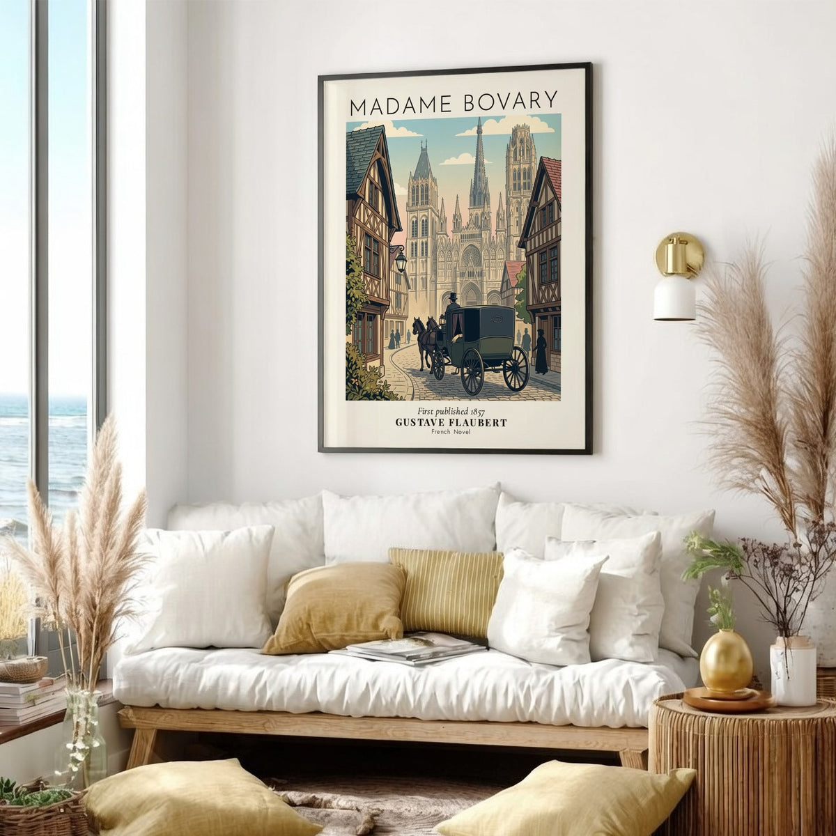 Madame Bovary literary poster featuring a horse-drawn carriage on a cobbled street by cathedral.