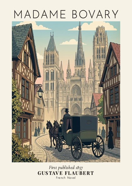 Madame Bovary literary poster featuring a horse-drawn carriage on a cobbled street by cathedral.