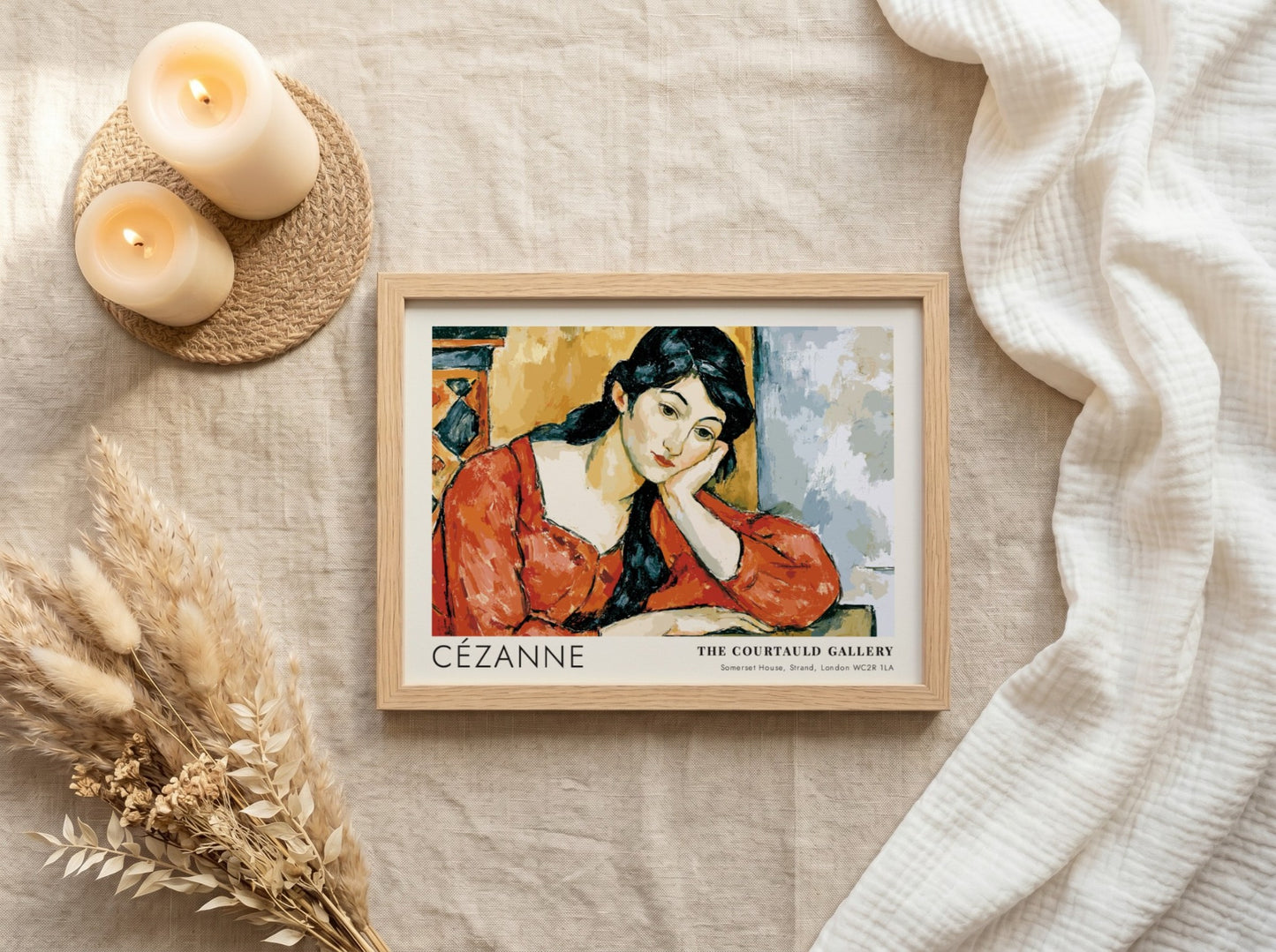 Wall art poster featuring the Madame Cézanne portrait by Cézanne in a wooden frame.