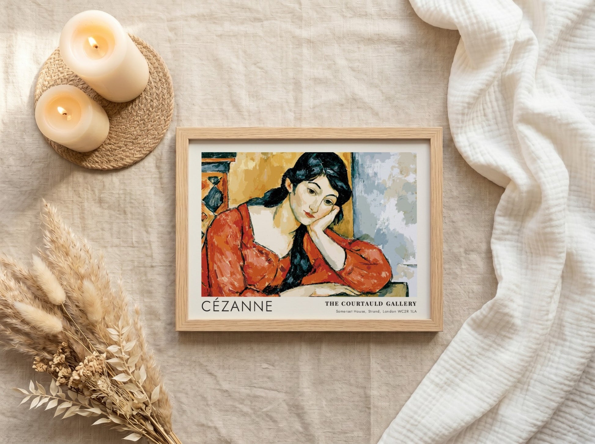 Wall art poster featuring the Madame Cézanne portrait by Cézanne in a wooden frame.