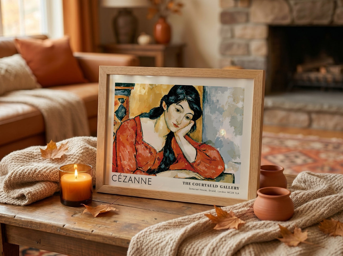 Wall art poster featuring the Madame Cézanne portrait by Cézanne in a wooden frame.