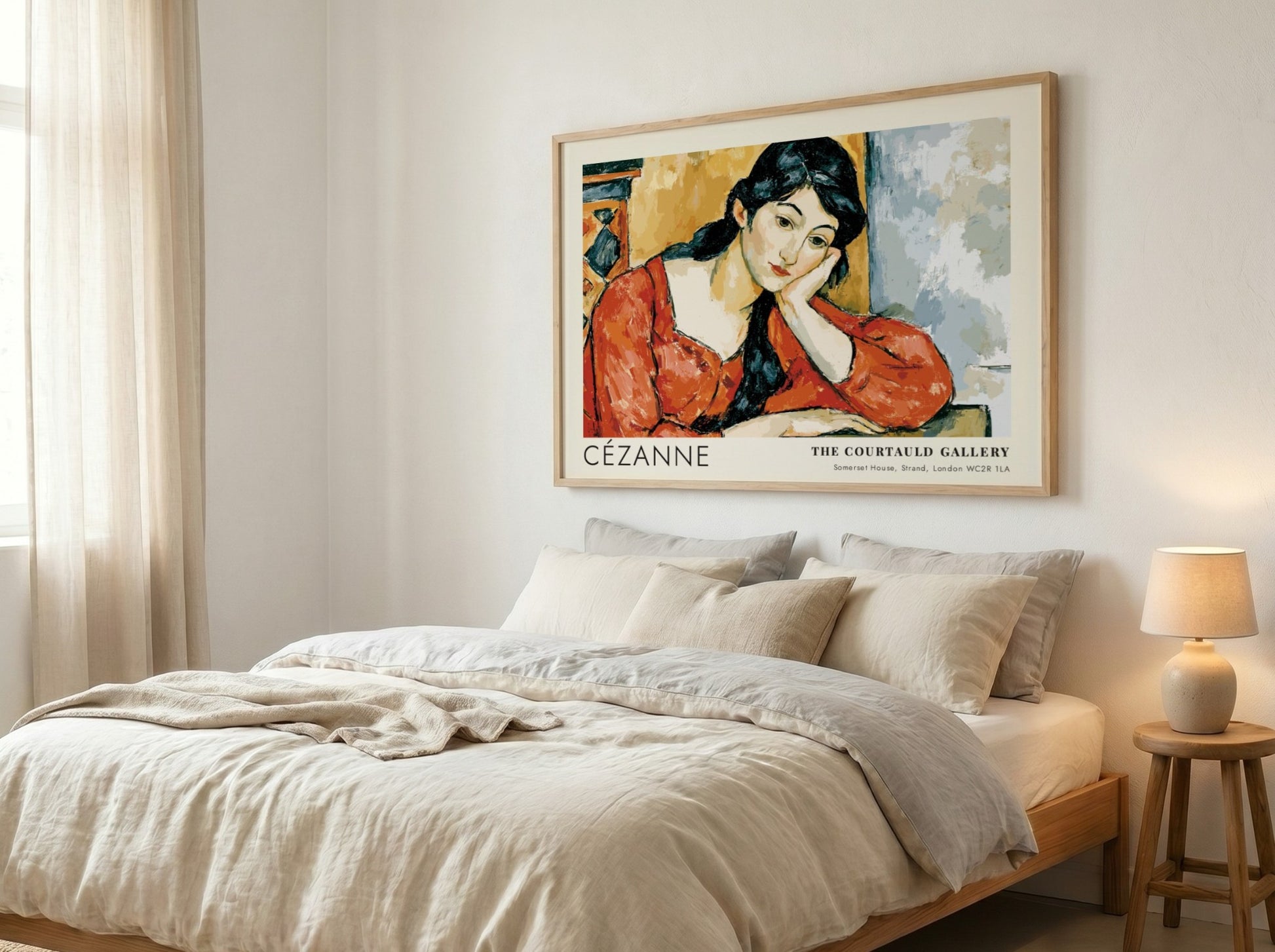 Wall art poster featuring the Madame Cézanne portrait by Cézanne in a wooden frame.