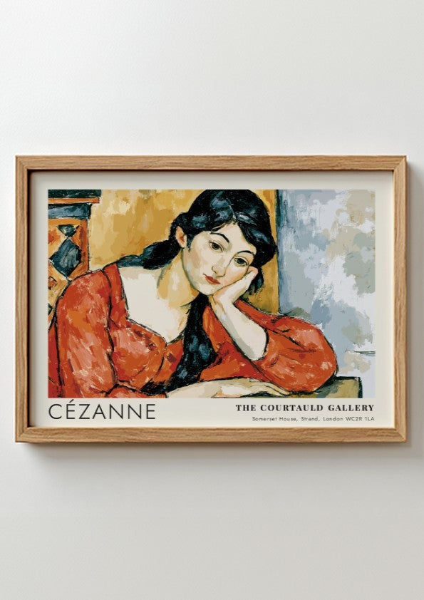 Wall art poster featuring the Madame Cézanne portrait by Cézanne in a wooden frame.