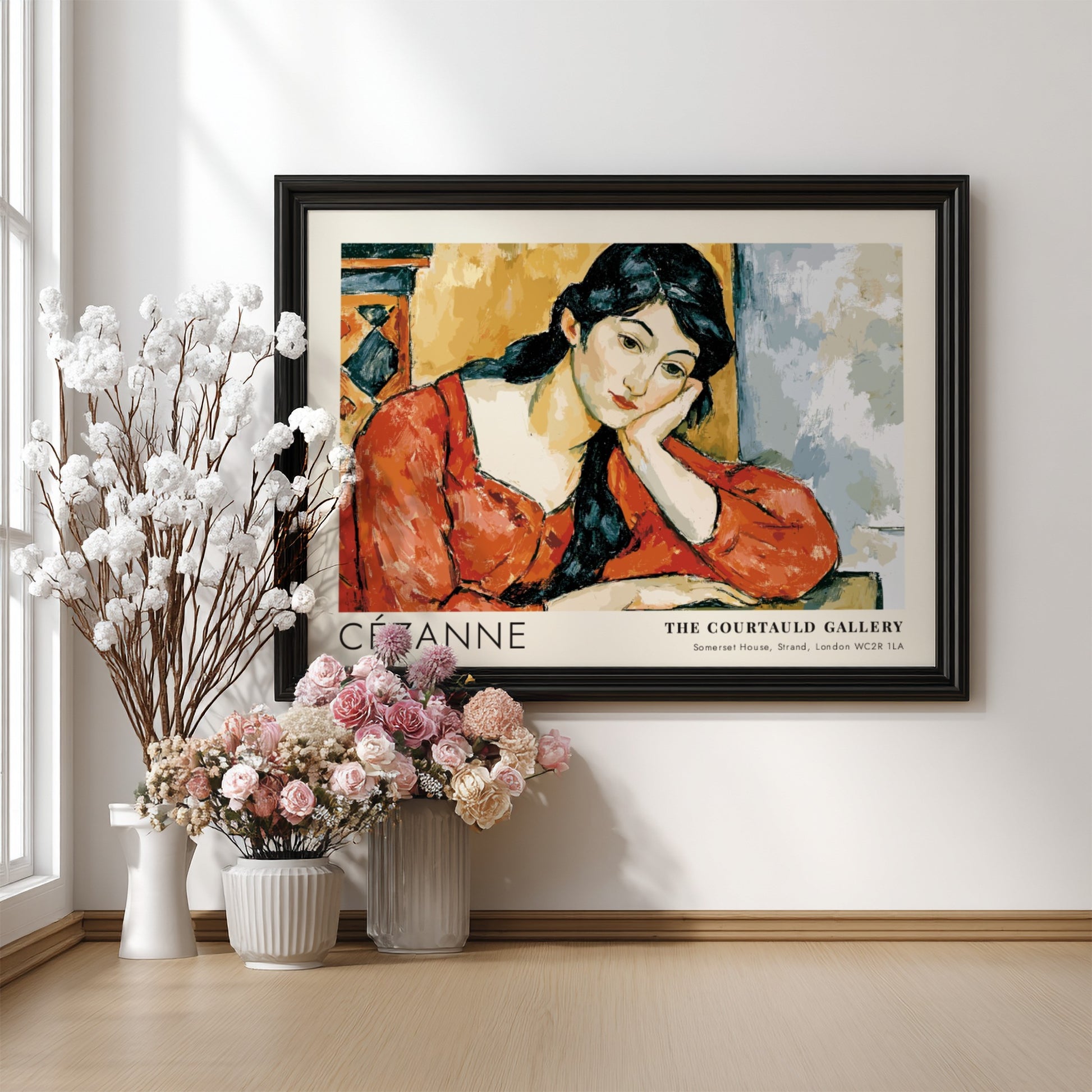 Wall art poster featuring the Madame Cézanne portrait by Cézanne in a wooden frame.