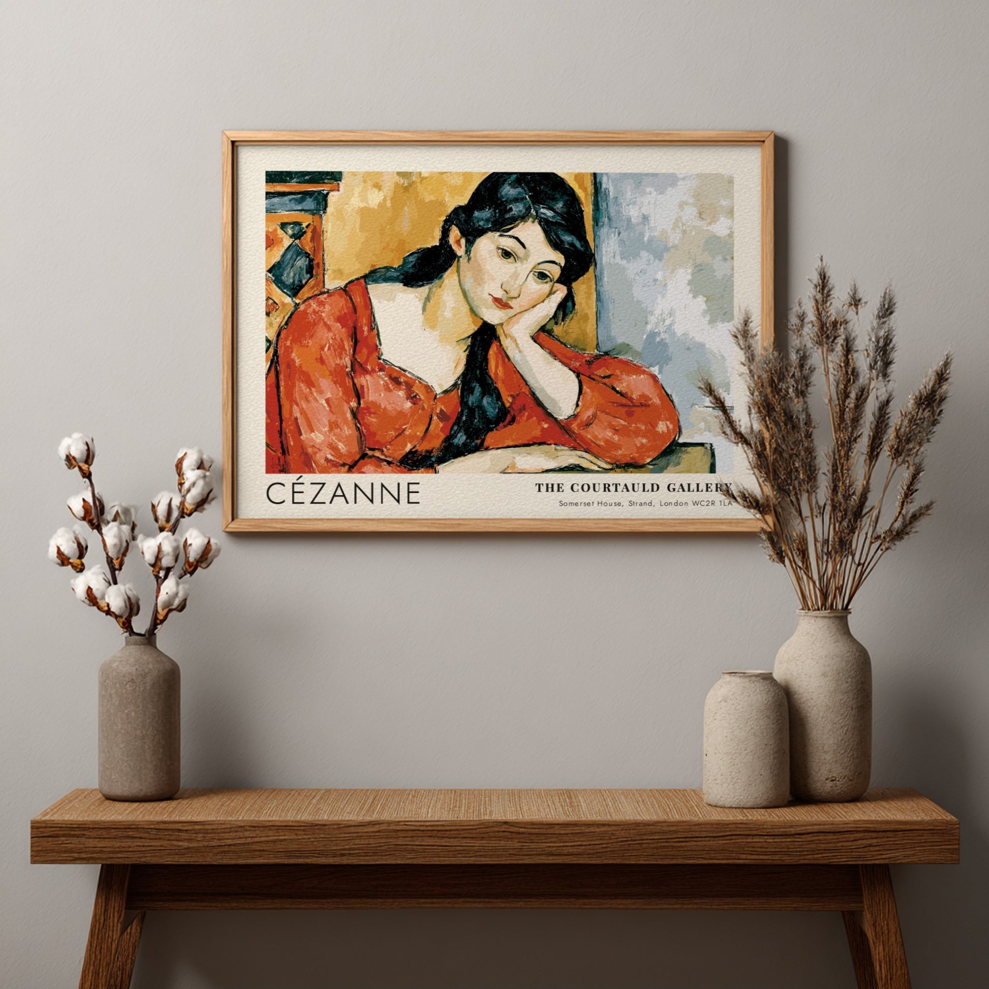 Wall art poster featuring the Madame Cézanne portrait by Cézanne in a wooden frame.