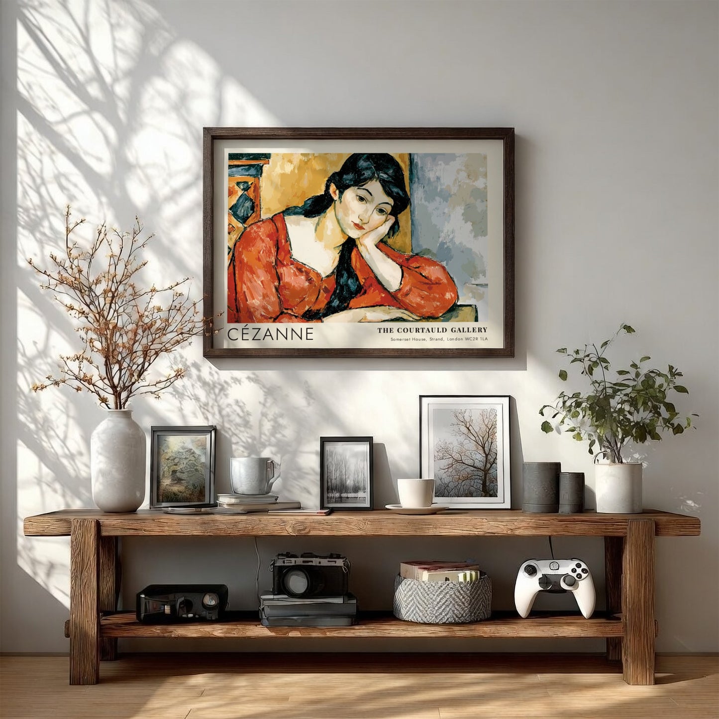 Wall art poster featuring the Madame Cézanne portrait by Cézanne in a wooden frame.