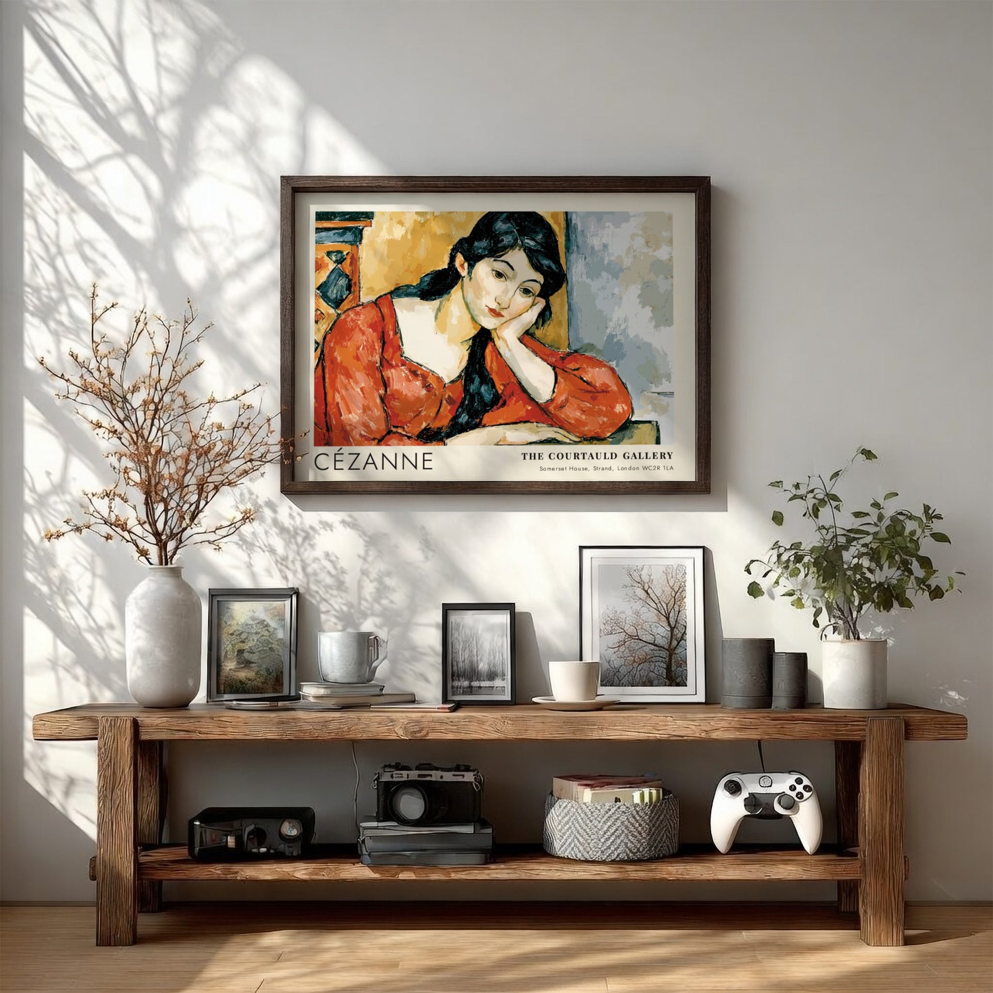 Wall art poster featuring the Madame Cézanne portrait by Cézanne in a wooden frame.