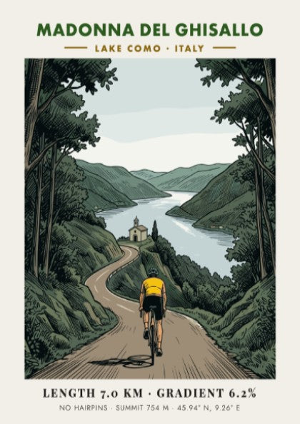 Poster featuring a cyclist climbing toward the Madonna Del Ghisallo sanctuary at Lake Como.