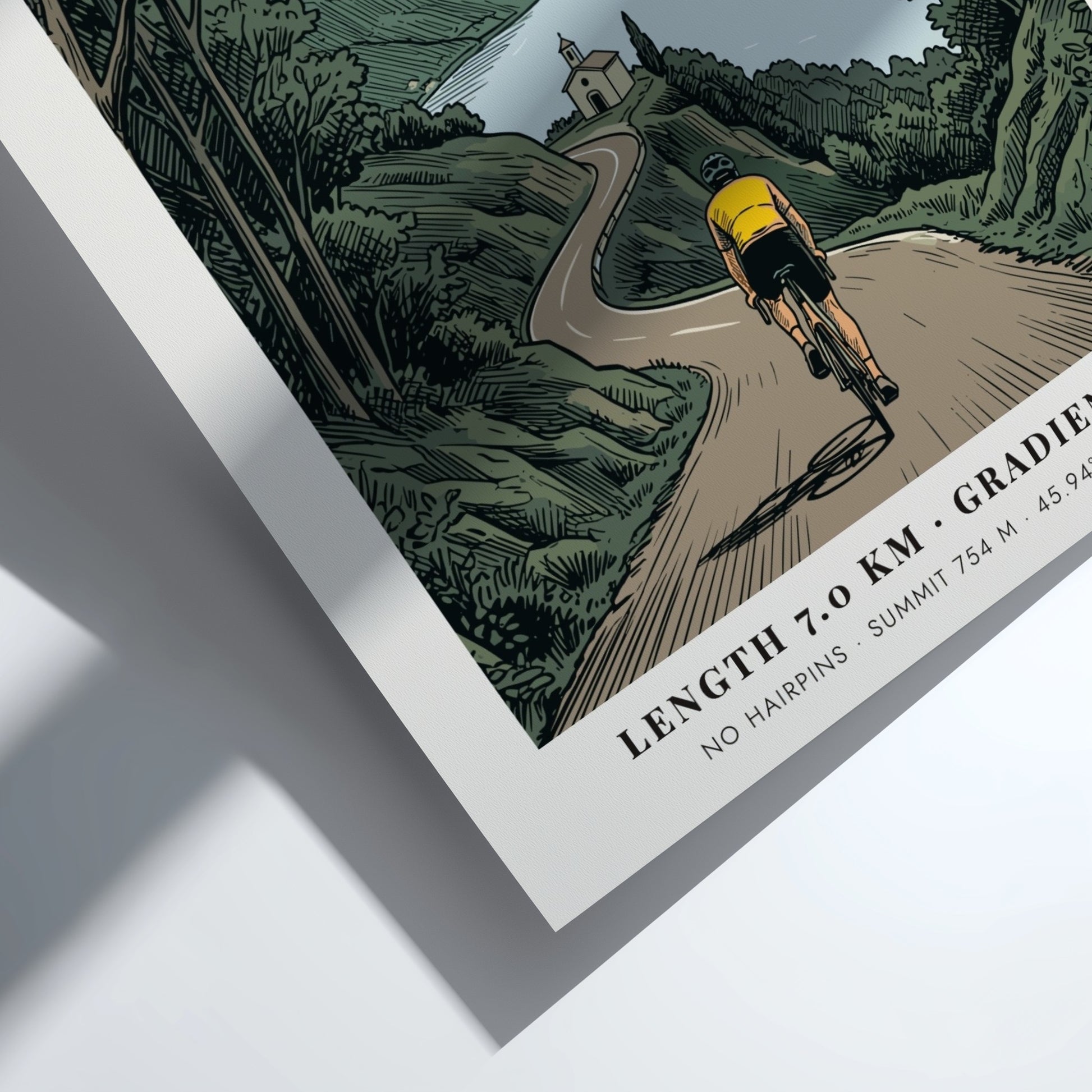 Poster featuring a cyclist climbing toward the Madonna Del Ghisallo sanctuary at Lake Como.
