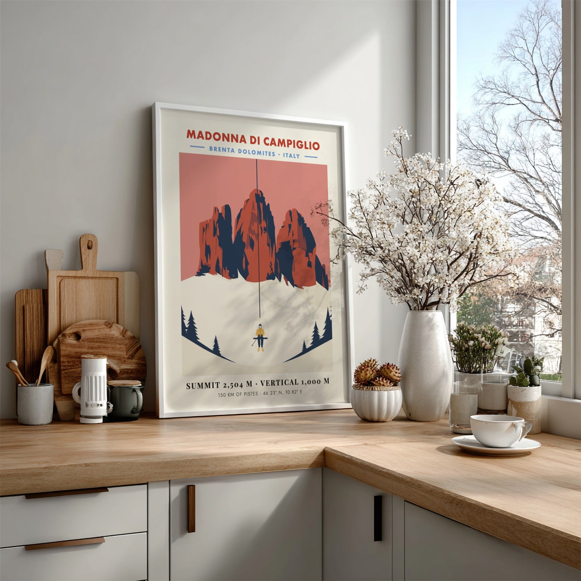 Ski resort poster featuring Madonna Di Campiglio with vintage style and warm colors