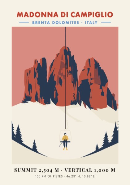Ski resort poster featuring Madonna Di Campiglio with vintage style and warm colors