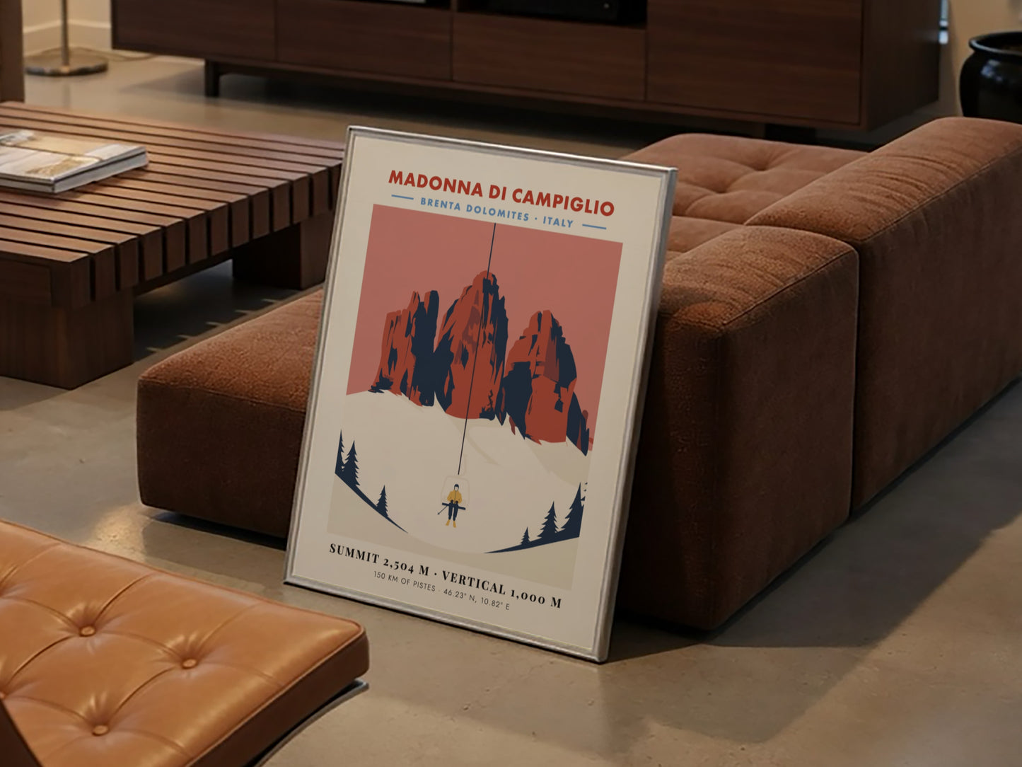 Ski resort poster featuring Madonna Di Campiglio with vintage style and warm colors