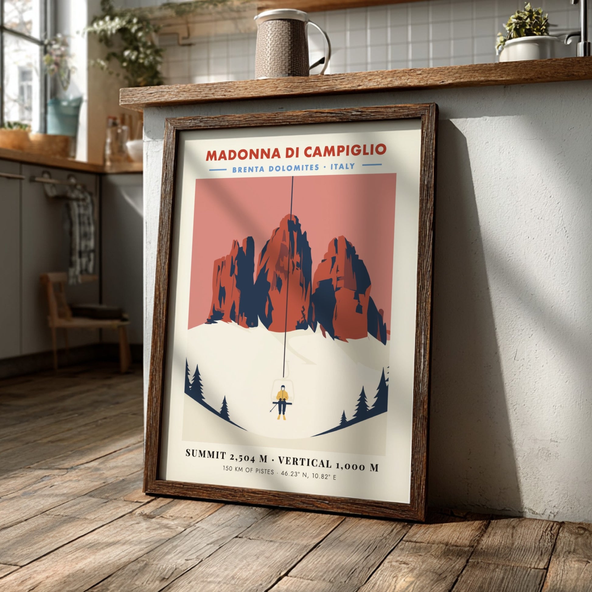 Ski resort poster featuring Madonna Di Campiglio with vintage style and warm colors