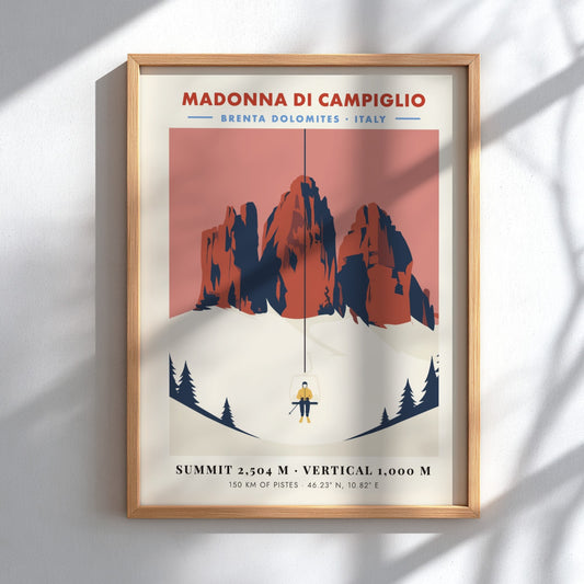 Ski resort poster featuring Madonna Di Campiglio with vintage style and warm colors