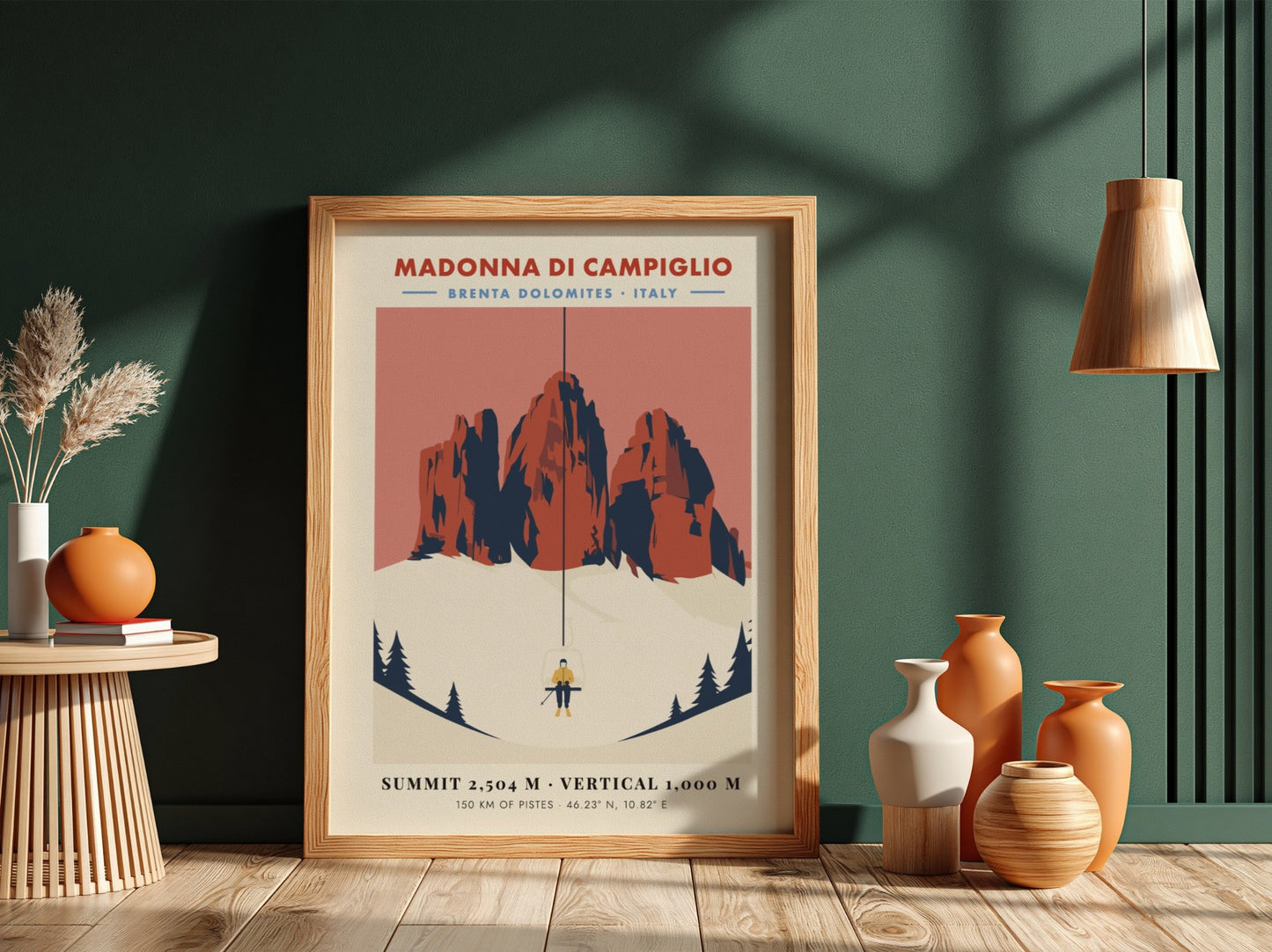 Ski resort poster featuring Madonna Di Campiglio with vintage style and warm colors