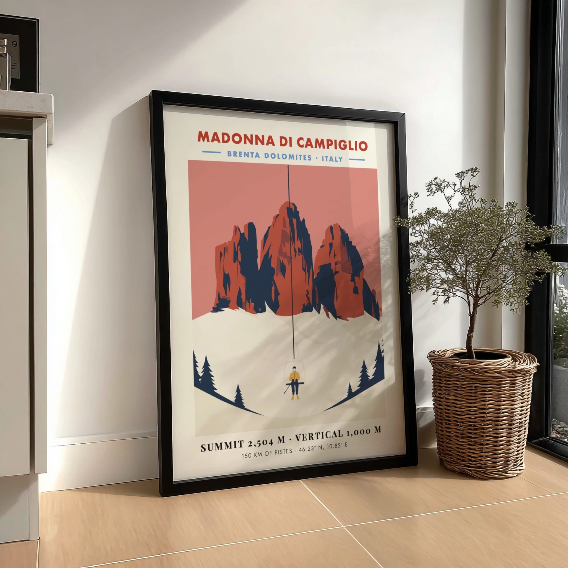 Ski resort poster featuring Madonna Di Campiglio with vintage style and warm colors