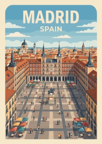 Travel poster of Madrid Spain featuring the Plaza Mayor with terracotta buildings, blue skies.