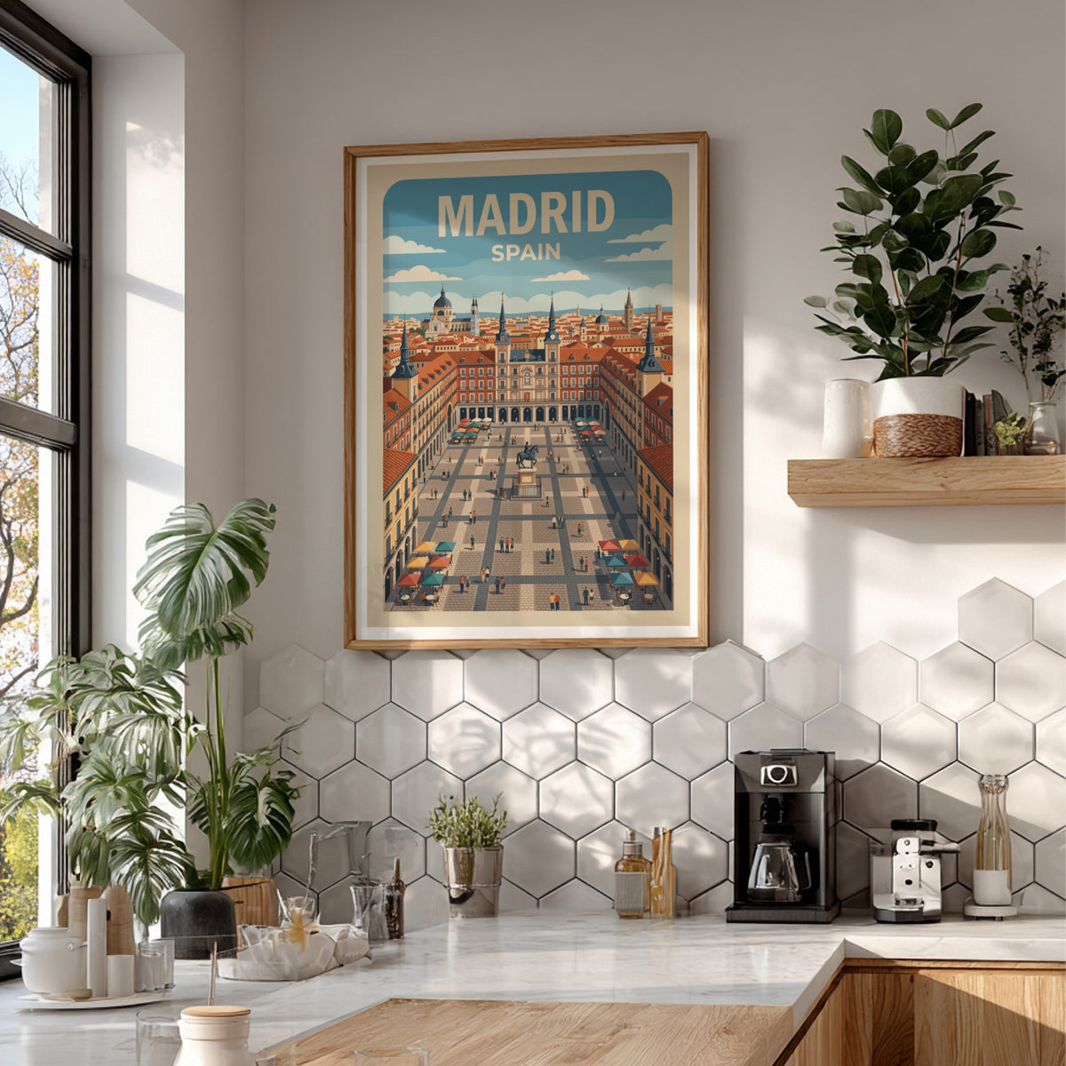Travel poster of Madrid Spain featuring the Plaza Mayor with terracotta buildings, blue skies.