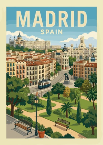 Illustrative travel poster of Madrid, Spain cityscape with buildings, tram, and park.