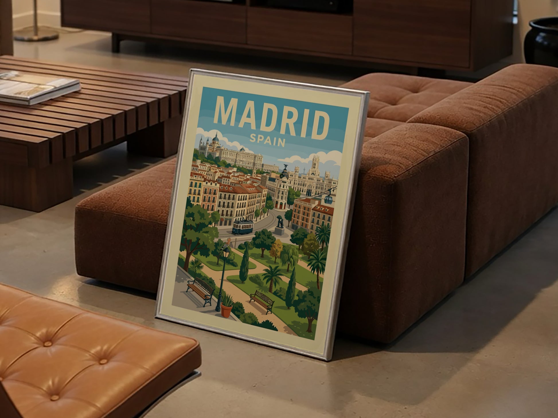 Illustrative travel poster of Madrid, Spain cityscape with buildings, tram, and park.