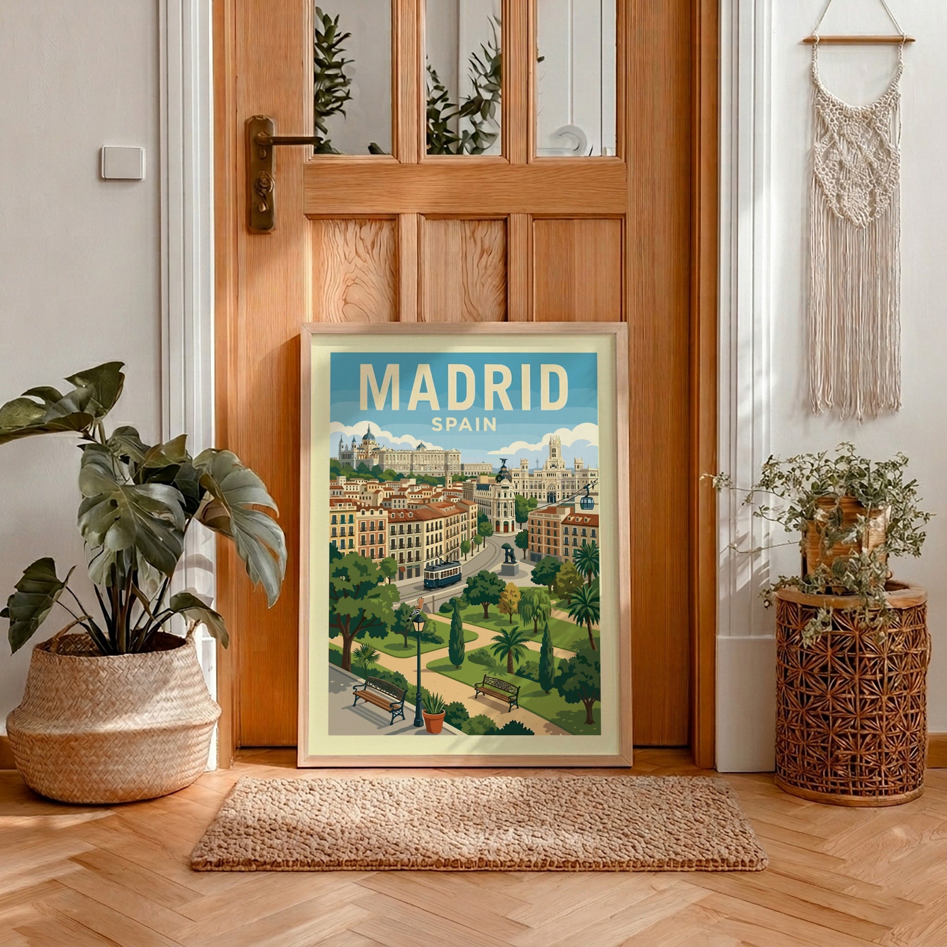 Illustrative travel poster of Madrid, Spain cityscape with buildings, tram, and park.