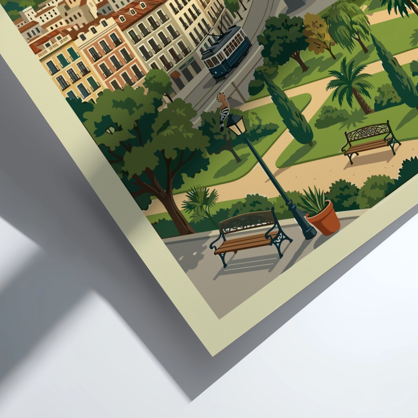 Illustrative travel poster of Madrid, Spain cityscape with buildings, tram, and park.