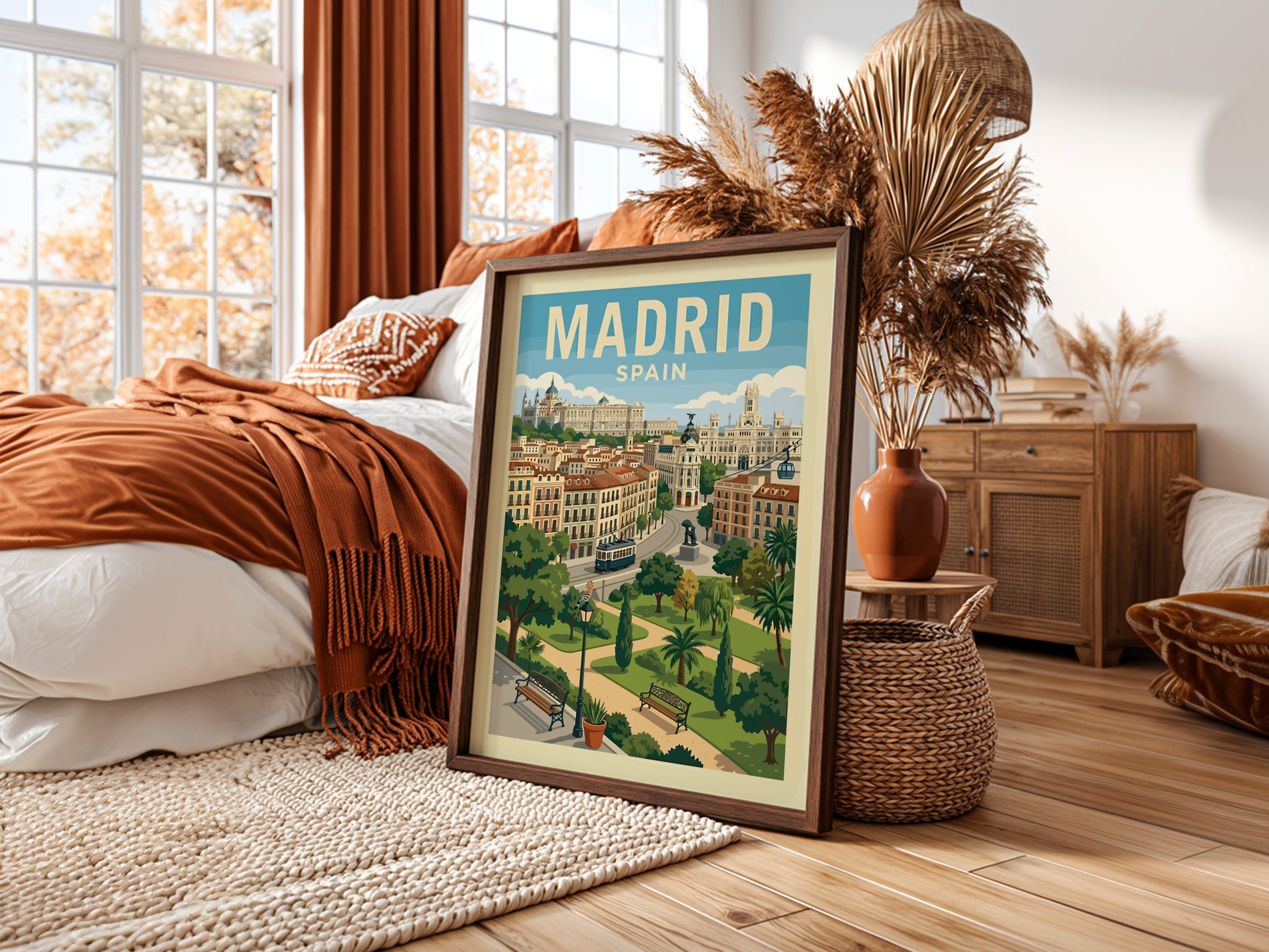Illustrative travel poster of Madrid, Spain cityscape with buildings, tram, and park.