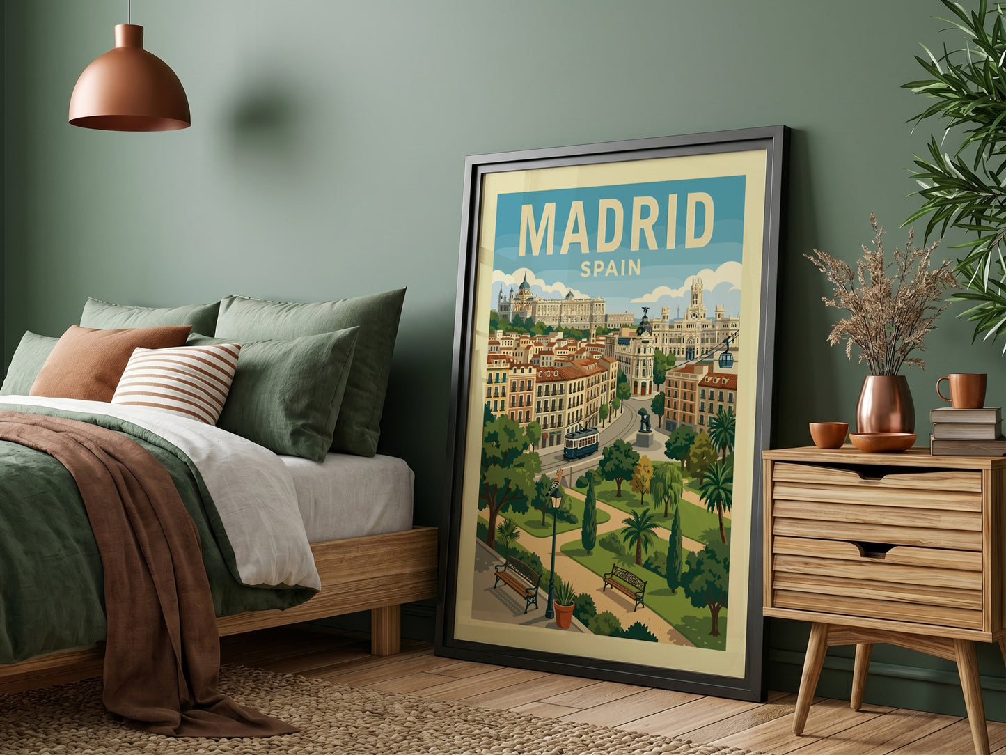 Illustrative travel poster of Madrid, Spain cityscape with buildings, tram, and park.