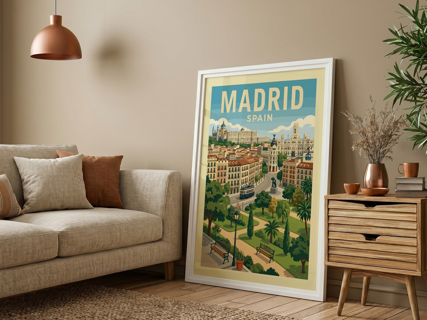 Illustrative travel poster of Madrid, Spain cityscape with buildings, tram, and park.