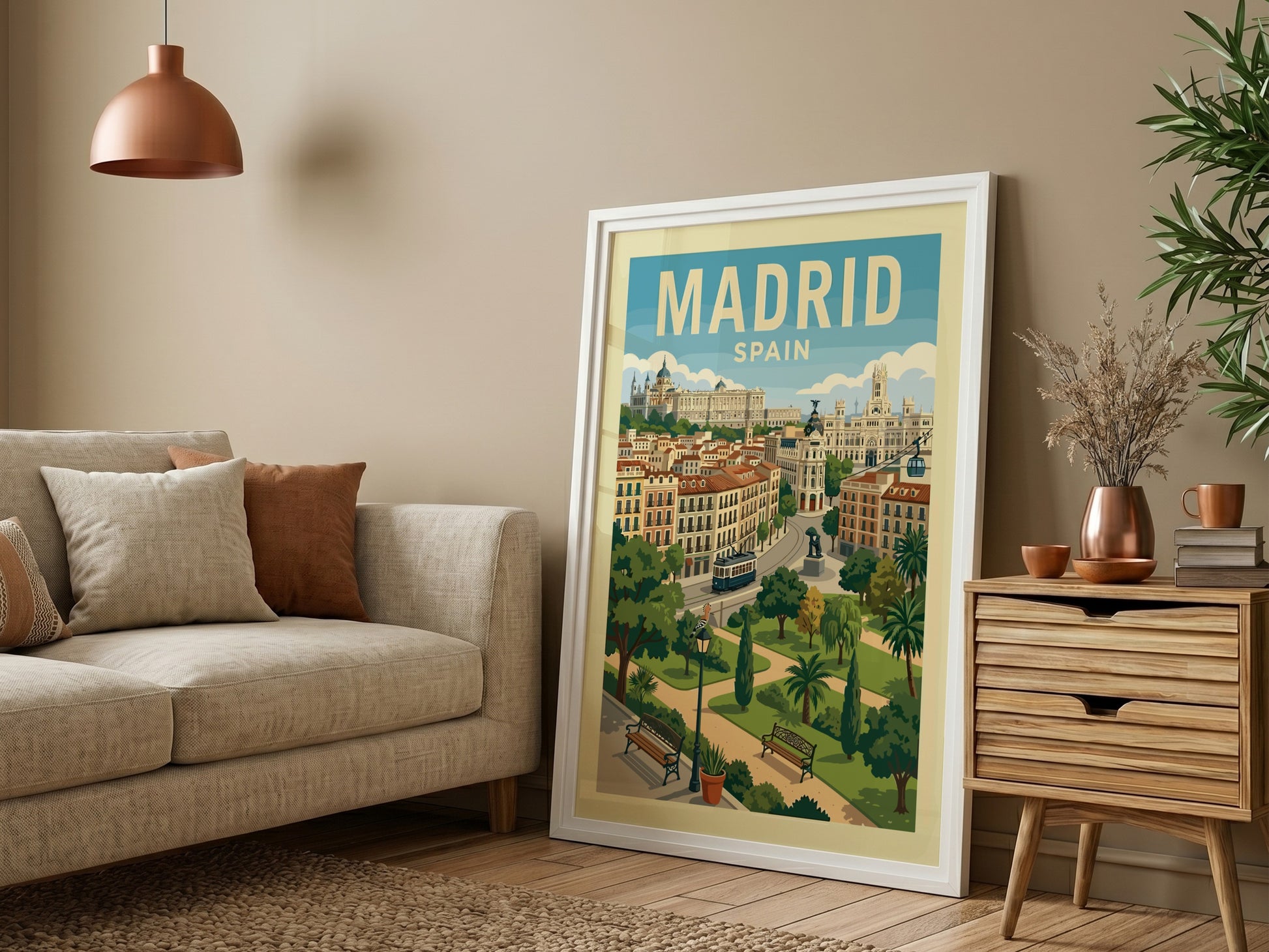 Illustrative travel poster of Madrid, Spain cityscape with buildings, tram, and park.