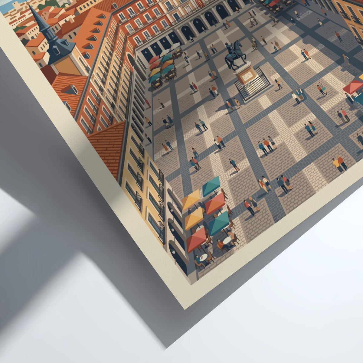 Travel poster of Madrid Spain featuring the Plaza Mayor with terracotta buildings, blue skies.