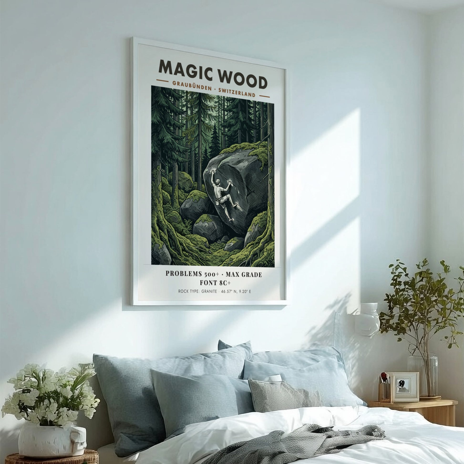 Poster of a climber scaling a massive granite boulder in the Magic Wood forest.