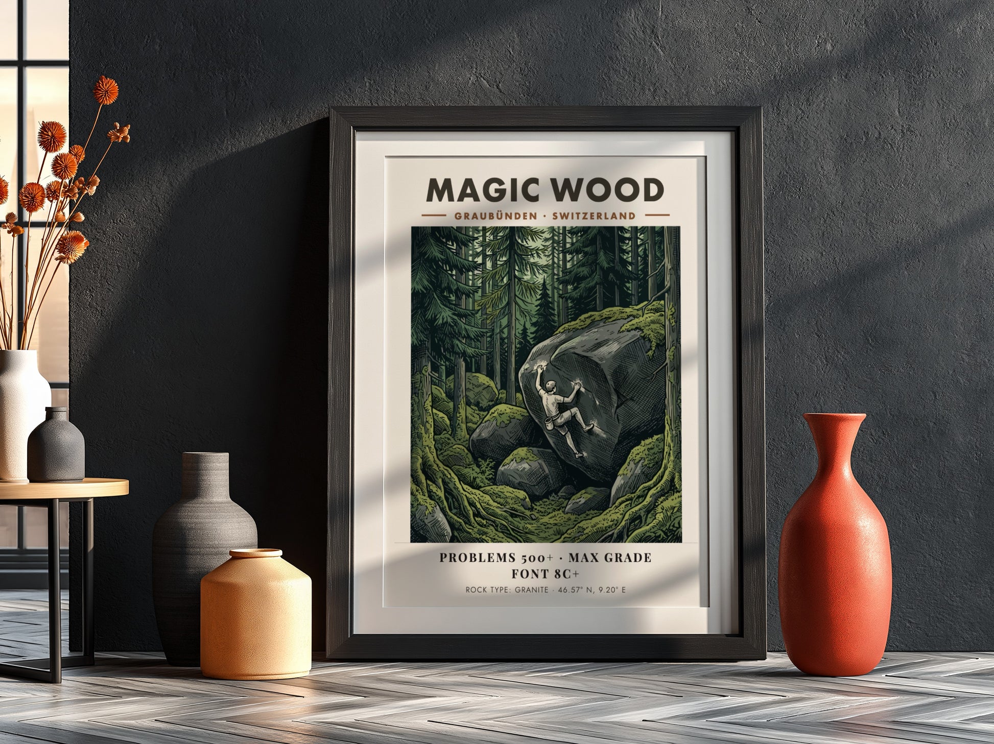 Poster of a climber scaling a massive granite boulder in the Magic Wood forest.