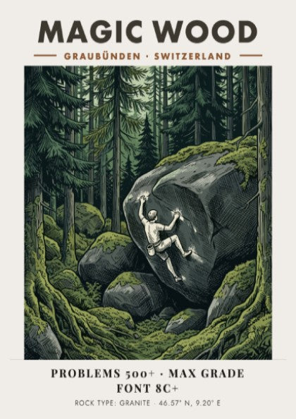 Poster of a climber scaling a massive granite boulder in the Magic Wood forest.