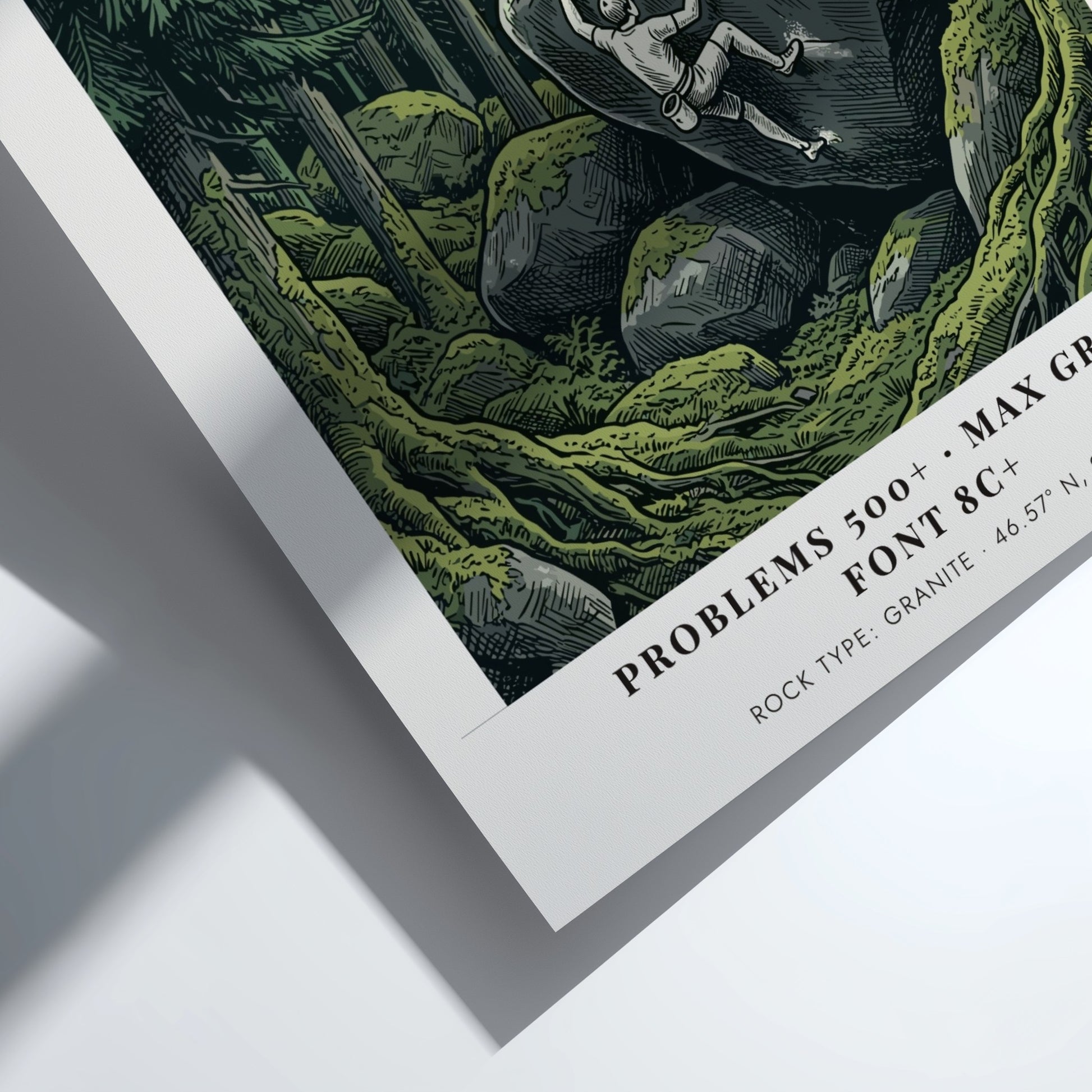 Poster of a climber scaling a massive granite boulder in the Magic Wood forest.