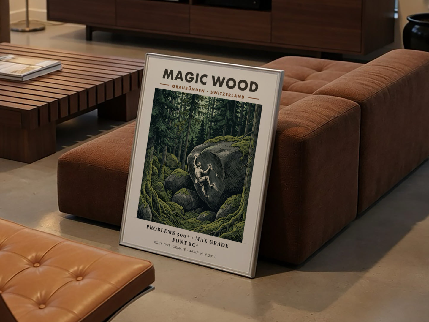 Poster of a climber scaling a massive granite boulder in the Magic Wood forest.