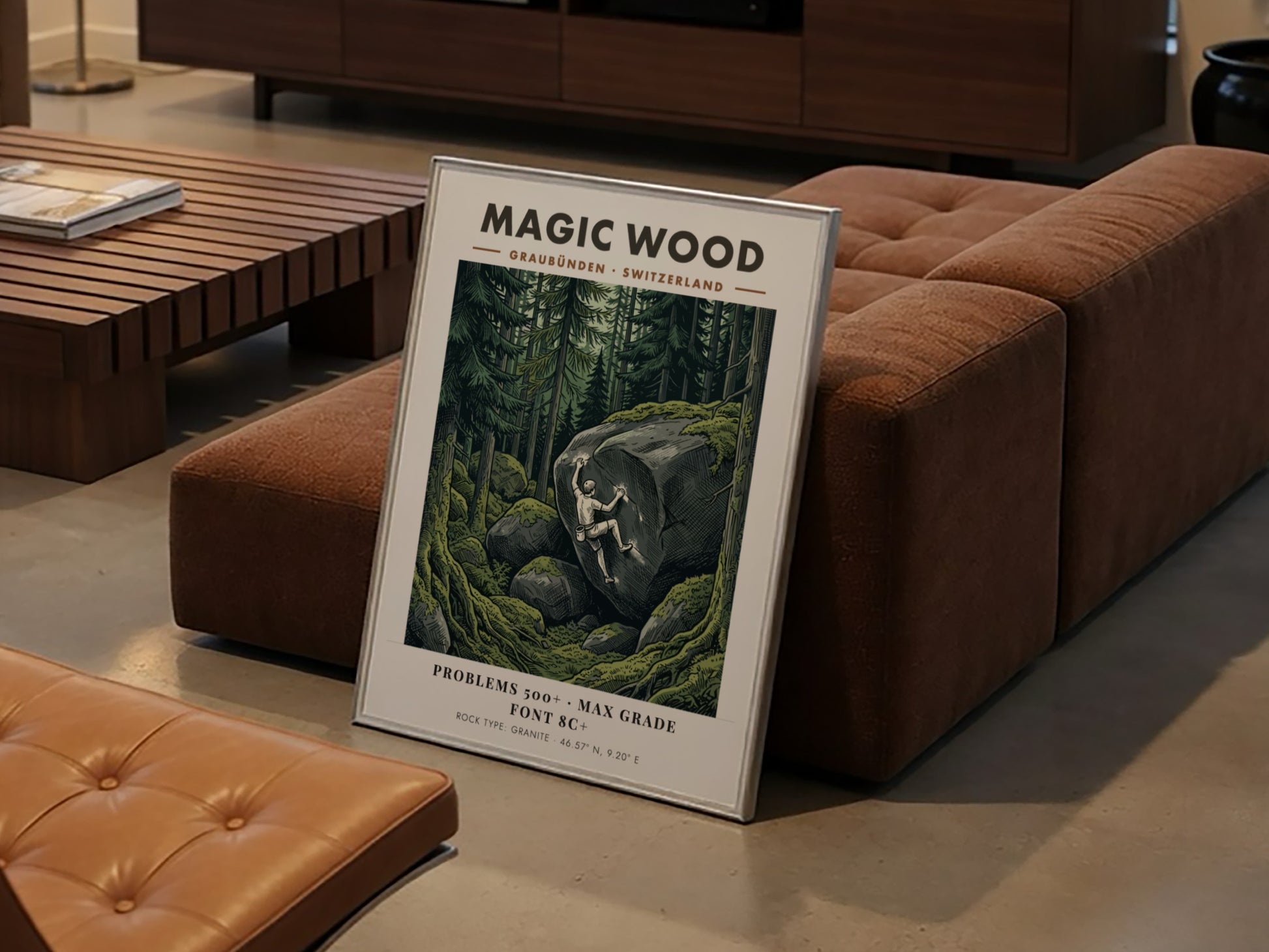 Poster of a climber scaling a massive granite boulder in the Magic Wood forest.