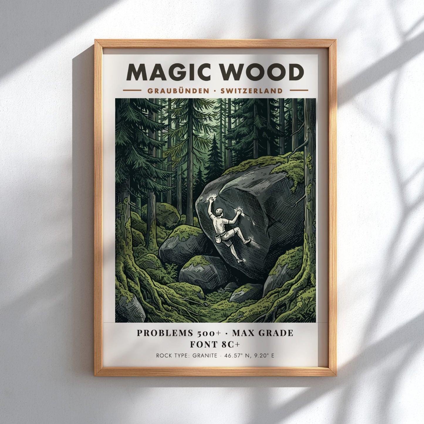Poster of a climber scaling a massive granite boulder in the Magic Wood forest.