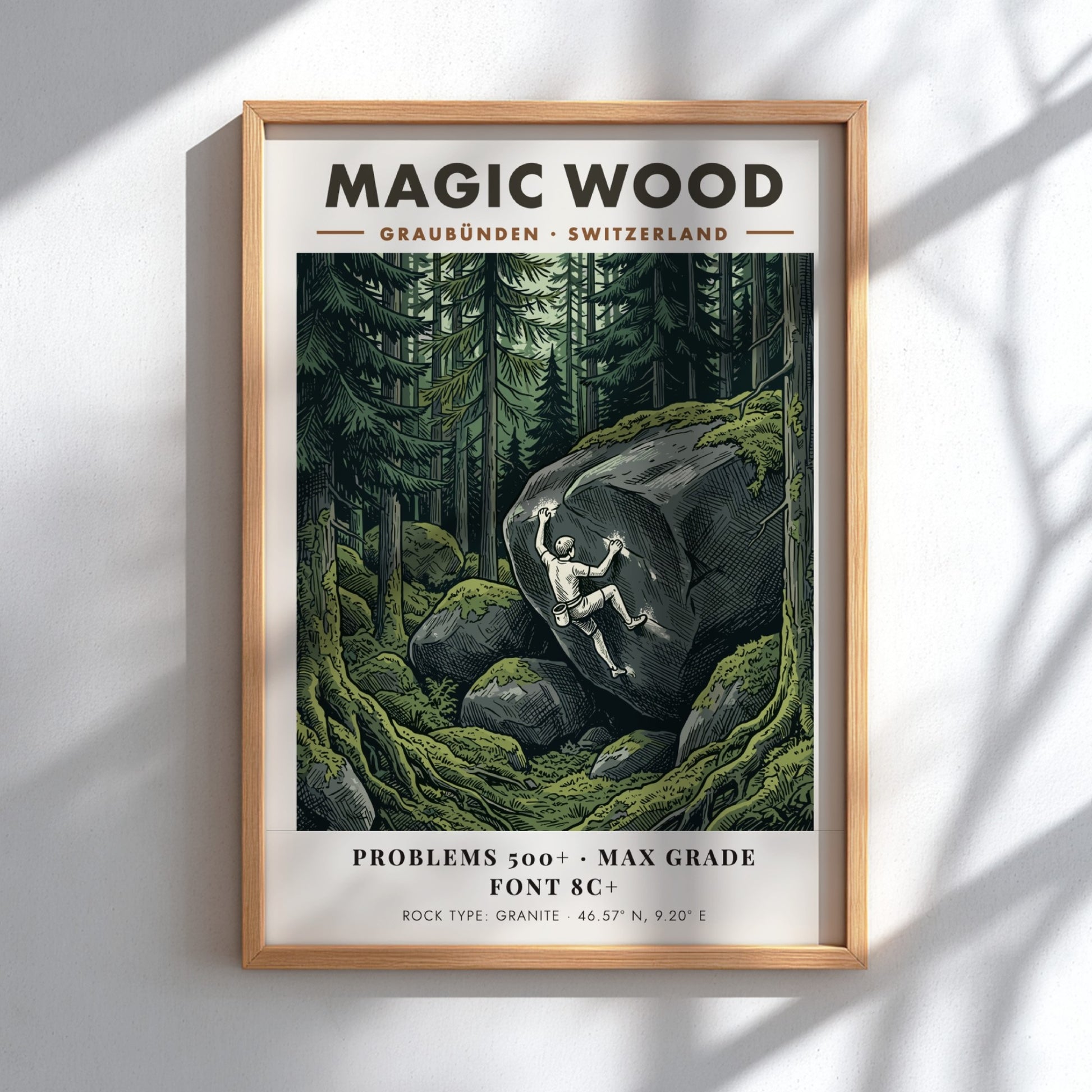 Poster of a climber scaling a massive granite boulder in the Magic Wood forest.